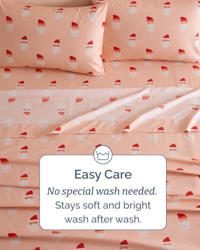 Christmas Sheet Set, Blush Santas, Holiday Xmas Bedding Set - Cal King Size