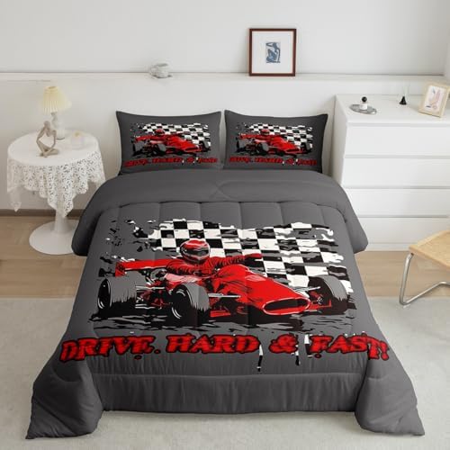 Erosebridal Go Kart for Kids Comforter Set Boys Drift Kart Bedding Set,Youth Karting Extreme Sport Quilt Black and White Buffalo Checked Duvet Insert,Red Race Car Bedroom Decor King Size
