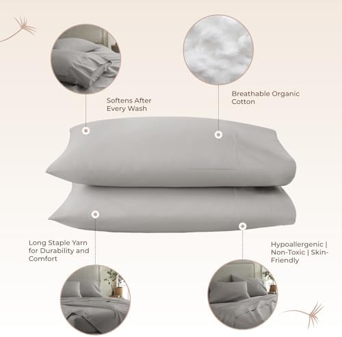 100% Organic Cotton Pillow Cases King Size Set of 2-100% Cotton Pillowcases GOTS Certified 300 Thread Count - Naturally Cooling Comfortable Breathable & Soft Pillow Cases (Classic Grey, King)