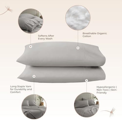 100% Organic Cotton Pillow Cases King Size Set of 2-100% Cotton Pillowcases GOTS Certified 300 Thread Count - Naturally Cooling Comfortable Breathable & Soft Pillow Cases (Classic Grey, King)