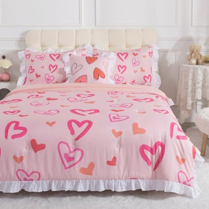 6 Pieces White Ruffle Comforter Set Twin Heart Bedding for Girls