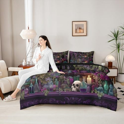 Erosebridal Gothic Skull 7 Piece Bedding Set King Vintage Witchy Comforter Set with Sheets Spooky Magic Bookshelf Bed in a Bag Black Retro Wizard Mysterious Cool Bed Sets Comforter
