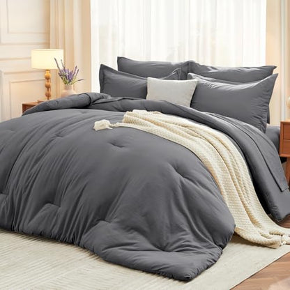 MUXHOMO 7 Pieces Oversized Queen Comforter Set, Soft Bed in a Bag Oversized Queen Size, All Season Bedding Set with Comforter, Flat Sheet, Fitted Sheet, Pillowcases & Shams, Dark Grey