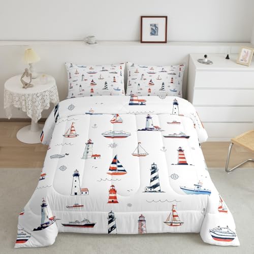 Lighthouse Comforter Set King Size,Nautical Anchor and Boat Rudder Quilted Duvet Kids Boys Undersea Adventure Bedding Set 3pcs for Teens Men Room Decor Modern White Duvet Insert,2 Pillowcases