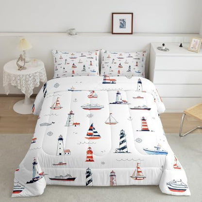 Lighthouse Comforter Set Queen Size,Nautical Anchor and Boat Rudder Quilted Duvet Kids Boys Undersea Adventure Bedding Set 3pcs for Teens Men Room Decor Modern White Duvet Insert,2 Pillowcases