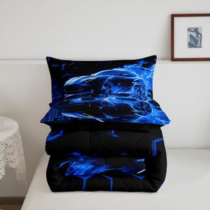 Feelyou Race Car Flame Comforter Set for Kids Boys Teens Queen Size Speed Sports Bedding Set Ultra Soft Honeycomb Duvet Quilt Games Car Comforter Bedroom Decor Cool Modern Grid Duvet Quilt