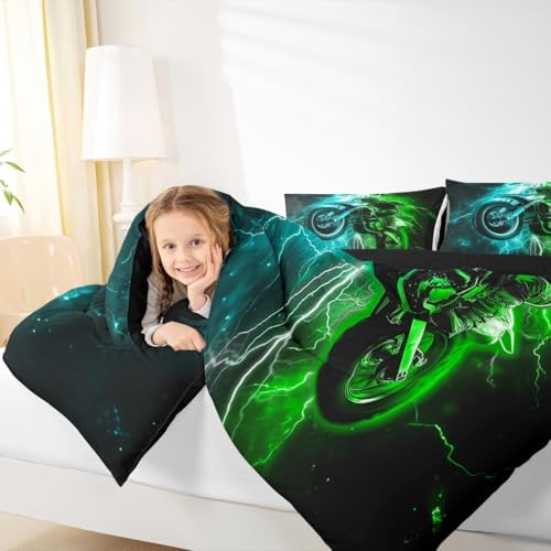 Feelyou Racing Motocross Rider Kids Bedding Set,Boys Girls King Size,Dirt Bike Comforter Set,Blue and Green LightningUltra Soft Duvet Quilt,Extreme Sports Comforter Colorful Modern Bedroom Decor