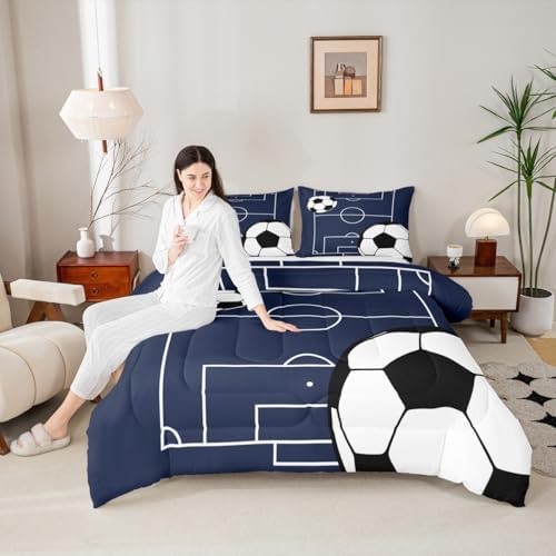 Boys Football Comforter Set Toddler Size Soccer Ball Pattern Down Comforter for Kids Teens Game Room Decor Sports Theme Football Court Bedding Set Polyester Quilt Set with 1 Pillowcase, White