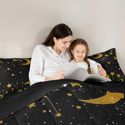 Homewish Starry Sky Full Size Comforter Set,Stars and Moon Bedding Set for Adults Teens,Children Gold and Black Comforter Luxury Galaxy Quilt Set Room Decor 3Pcs