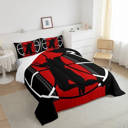 Boys Basketball King Size Comforter Set,Kids Basketball Players Pattern Decor All Season Bedding Set,Teens Sports Theme Comforter,Girls Young Man Black and Red Decor Quilt Set Bedroom Collection 3Pcs