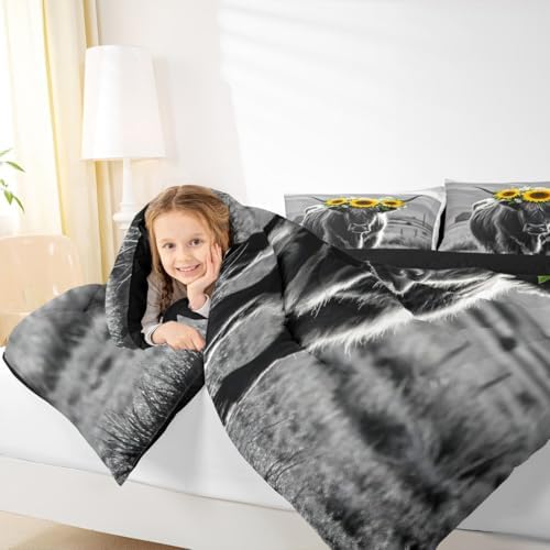 Erosebridal Highland Cow Comforter Set King Size for Adult Women Sunflower Print Bedding Farmhouse Decor Wild Animal Cows with Gray Fur Quilted Duvet 3 Pcs ,1 Cover + 2 Pillowcases