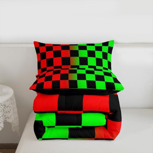 Feelyou Checkered Retro Comforter Set All Season Geometric Vintage Bedding Set with 1 Pillow Cases Red Green Kids Toddler Bedclothes Modern Groovy Aesthetic Bedroom Decor Duvet Quilt