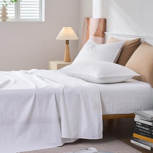 JELLYMONI 100% Cotton Sheet Set, White Sateen Striped, Queen