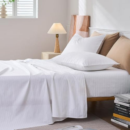 JELLYMONI 100% Cotton Sheet Set, White Sateen Striped, Queen