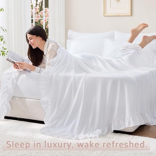 FUANNA Queen Sheets 4 Pieces - White Sheets with 4-Inch Ruffles Bed Skirt