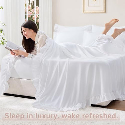 FUANNA Full Size Sheets 4 PCS - White Sheets with 4-Inch Ruffles Bed Skirt