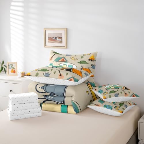 Erosebridal Cartoon Travel RV 7 Pieces Bedding Set King Size,Happy Camping Theme Bed in a Bag,Cartoon Tent Trees Bed Set Includes Comforter,Sheet Set,Pillowcases & Pillow Covers,Camper Bedroom Decor