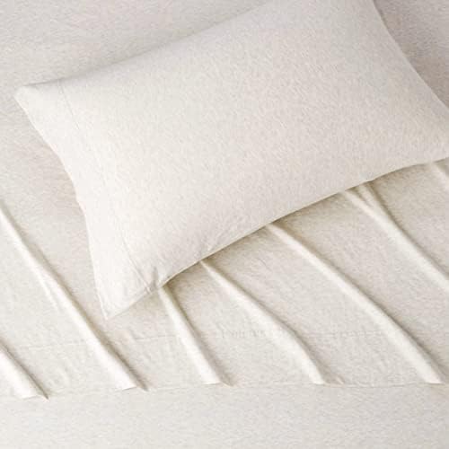 Amazon Basics 3 Piece Breathable, Stretchy 100% Cotton Jersey Knit Bed Sheet Set, Includes Flat and Fitted Sheets, Pillowcase, Light Weight, Machine Washable, Twin, Oatmeal, Solid