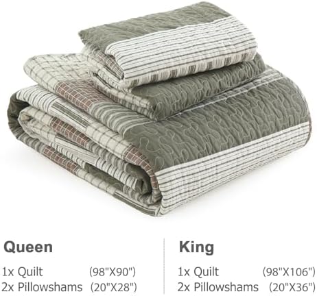 Finlonte 100% Cotton King Size Quilt Set, Patchwork Striped King Quilt Bedding Set Farmhouse Bedspread, Lightweight Quilted Comforter Reversible Bed Spread for All Season, Green/Brown/Cream, 3 Pieces