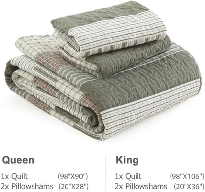 Finlonte 100% Cotton King Size Quilt Set, Patchwork Striped King Quilt Bedding Set Farmhouse Bedspread, Lightweight Quilted Comforter Reversible Bed Spread for All Season, Green/Brown/Cream, 3 Pieces