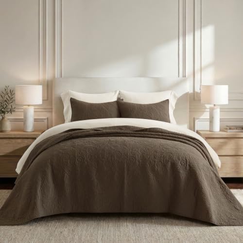 EVERGRACEHOME 100% Cotton Paisley Quilt Set, King Size, Cocoa Brown