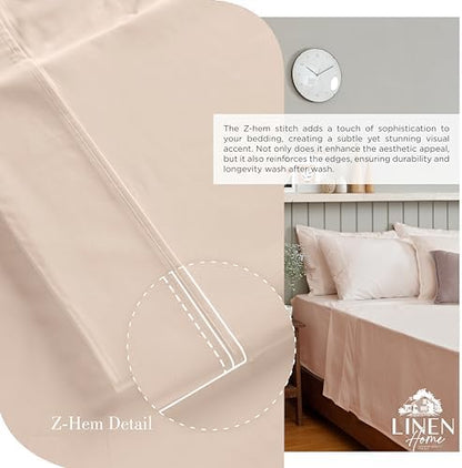 Linen Home 100% Cotton Percale Sheets Twin XL Size, Sand Shell, Deep Pocket, 3 Pieces Set- 1 Flat, 1 Fitted and 1 Pillowcase, Crisp Cool and Long Staple Strong Bed Linen
