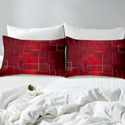 Feelyou Boys Geometric Bed Sheets Sheet Set for Kids Teens Girls Women Red Grid Art Decor Bed Set Simple Modern Fashion Sheets Bedroom Collection 4Pcs Full Size