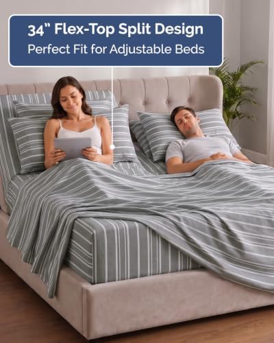 Extra Deep Flex Top Split Head King Sheet Set - 6pc Sheets - Grey Stripes
