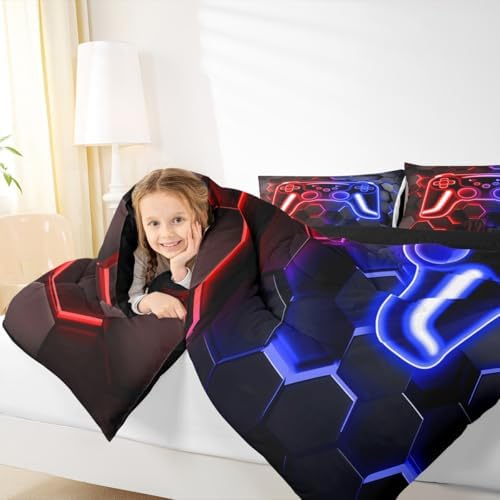 Erosebridal Gaming Comforter Set Neon Honeycomb Gamer King Bedding Set, Retro Game Console Comforter Red Blue Hexagon Lights Duvet Insert,Gaming Decor for Boys Bedroom