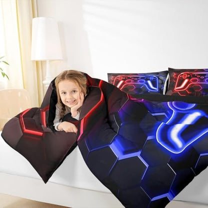 Erosebridal Gaming Comforter Set Neon Honeycomb Gamer King Bedding Set, Retro Game Console Comforter Red Blue Hexagon Lights Duvet Insert,Gaming Decor for Boys Bedroom