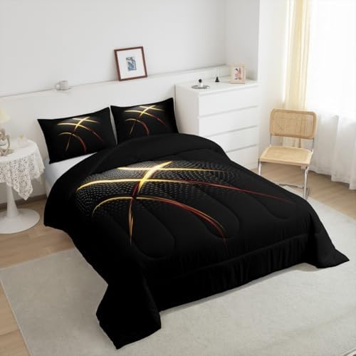 3D Basketball Comforter Set for Boys Kids Teens Ultra Soft Microfiber Black and Golden Quilted Duvet Sports Theme Basketball Bedding Sets King Size Balls Sports Gaming Duvet Insert,2 Pillowcases