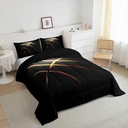 3D Basketball Comforter Set for Boys Kids Teens Ultra Soft Microfiber Black and Golden Quilted Duvet Sports Theme Basketball Bedding Sets Twin Size Balls Sports Gaming Duvet Insert,1 Pillowcase