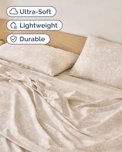Twin XL 3 Piece Floral Sheet Set - Breathable & Cooling - Beige Floral