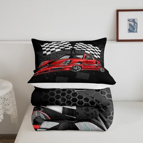 Manfei Racing Car Comforter Set King Size, Red Sports Car Quilt Set with 2 Pillowcases, Black White Plaid Grid Flag Print Bedding Set 3pcs for Kids Boys Teens Bedroom Decor