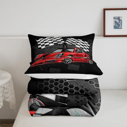 Manfei Racing Car Comforter Set King Size, Red Sports Car Quilt Set with 2 Pillowcases, Black White Plaid Grid Flag Print Bedding Set 3pcs for Kids Boys Teens Bedroom Decor