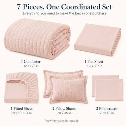 CozyLux Oversized King Comforter Set 120x98, 7-Piece Blush Pink Seersucker
