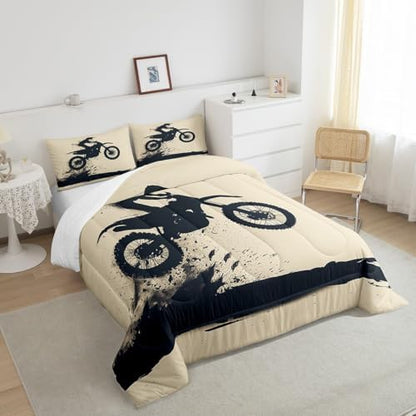 Feelyou Cool Motocross Comforter Set Toddler Size Dirt Bike Bedding Set Ultra Soft Motorcycle Racer Comforter for Kids Boys Girls Motorcycle Duvet Quilt Bedroom Decor Motorbike Quilt