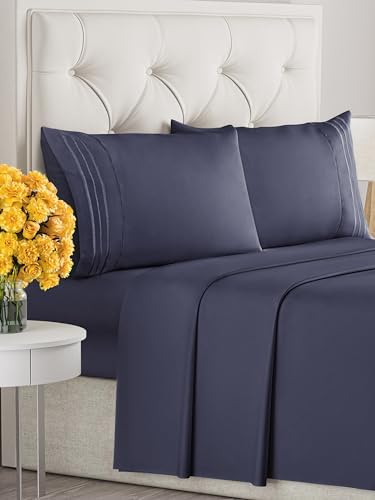Queen Size 4 Piece Sheet Set - Soft & Cooling Bed Sheets - Deep Slate Blue