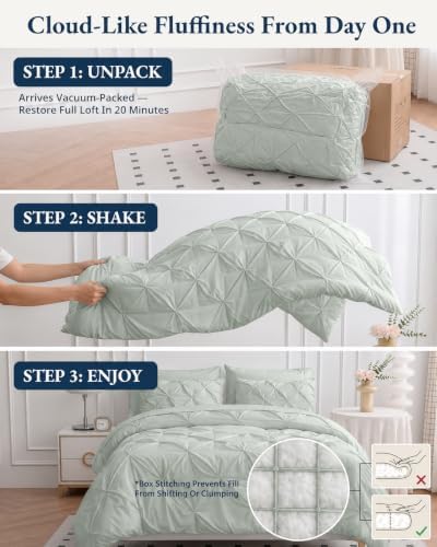 LANE LINEN Twin Comforter Set, 5 Piece Twin Bedding Sets, Ultra Soft Pintuck Twin Bed in a Bag Set with Down Alternative Comforter, Sheets, Pillowcase & Sham, Pinch Pleated Bedding Set - Mineral