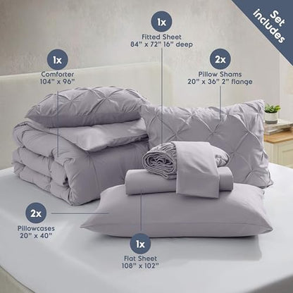 Nestl 9 Piece California King Comforter Set – Grey Lavender Pinch Pleated Bed in a Bag – Complete Cal King Size Bedding Set with Sheets, Set of 2 Cooling Pillows, Pillowcases and Shams