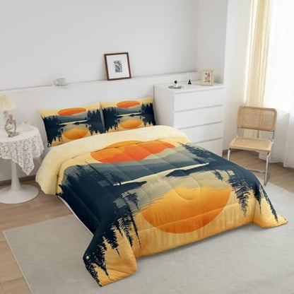 Sunset Comforter Set King Size,Mountain River Woodland Bedding Set for Kids Teens Adults Room Decor,Japanese Minimalism Style Duvet Insert 3Pcs,Nature Scenery Lake House Quilt Set,2 Pillowcases