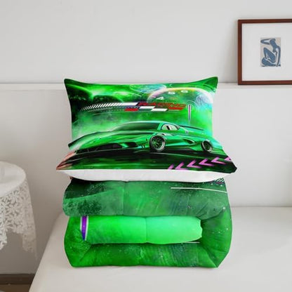 Feelyou Green Race Car Bedding Set Toddler Size for Kids Boys Extreme Sports Car Comforter Set Decorations Teens Galaxy Planet Car Duvet Set Cool Modern Quilt Set