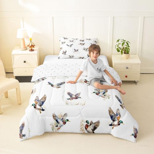 Feelyou Mallard Duck Comforter Set Toddler Size Duck Hunt Bedding Set for Kids Boys Girls Wild Duck Hunting Duvet Quilt Wild Animal Bedroom Decor Microfiber 2 Pcs with 1 Pillow Cases