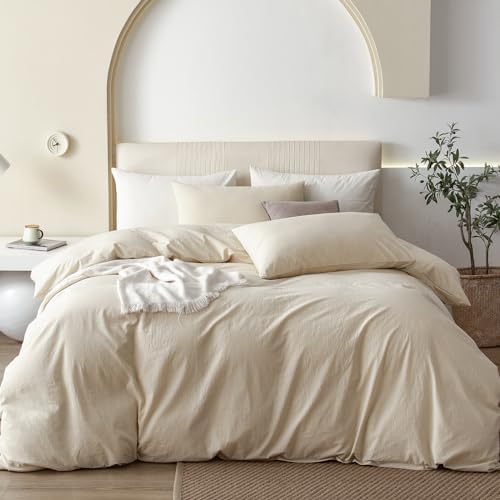 JIYUAN Oversized Queen Washed Cotton Duvet Cover Set Relaxed Linen Feel
