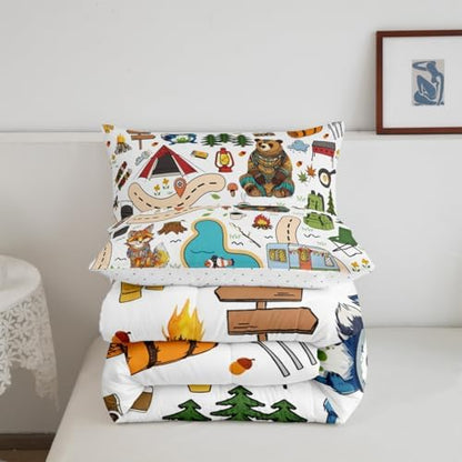 Feelyou Camping Adventure Bedding Set,Kids Boys Girls Toddler Size Cartoon Animal Tent Mountain Tree Comforter Set,Ultra Soft Camping Bonfire Outdoor Activities Comforter,Art Duvet Quilt,Quilt