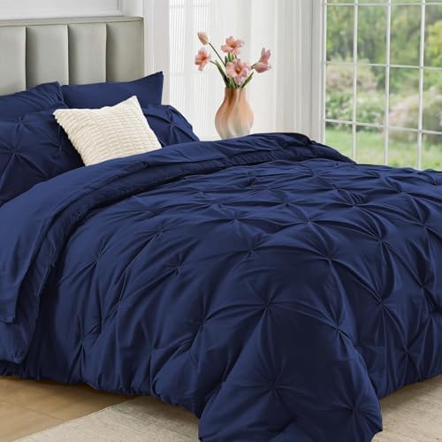 JOLLYVOGUE Twin XL Comforter Set 5 Pieces - Bed in a Bag Twin XL for All Season, Pintuck Bedding Comforter Sets with Comforter, Flat Sheet, Fitted Sheet and Pillowcases & Shams, Navy