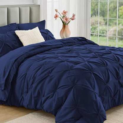 JOLLYVOGUE Twin XL Comforter Set 5 Pieces - Bed in a Bag Twin XL for All Season, Pintuck Bedding Comforter Sets with Comforter, Flat Sheet, Fitted Sheet and Pillowcases & Shams, Navy
