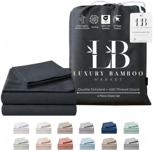 Split King Size Sheet Set | 2 Fitted Sheets for Sleep Number & Adjustable Beds | Organically Grown | Ultra Soft & Cooling |100% Viscose | 17" Deep Pocket [Charcoal Grey]