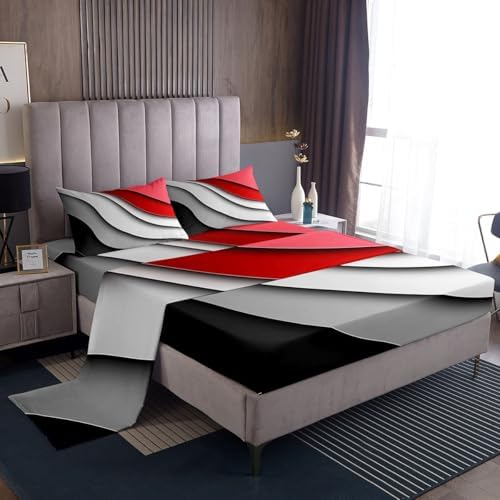 Feelyou Abstract Ombre Red Gray White Bed Sheets Men Adults Teens Ocean Waves Striped Sheet Set Kids Boys Girls Modern Gradient Contemporary Bed Set Bedroom Collection 4Pcs Full Size