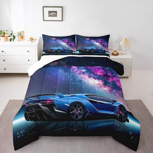Feelyou Galaxy Car Comforter Set Blue Race Car Bedding Set for Kids Boys Girls Teens Universe Starry Sky Sports Car Comforter Extreme Sports Design Quilt Room Decor 3Pcs Queen Size Boys